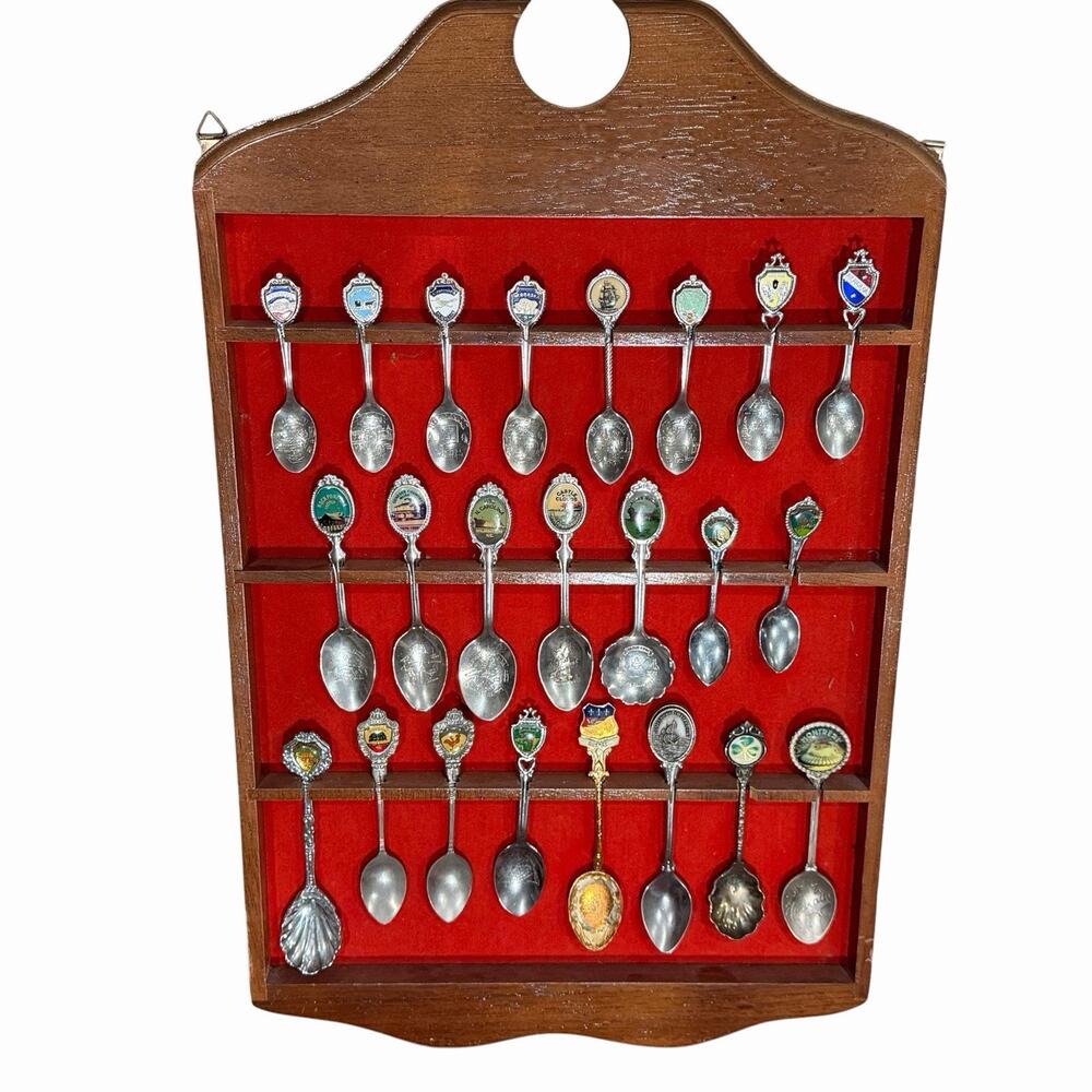 Vintage Souvenir Spoon Collection 23 With Wooden Wall Display Rack (List Below)